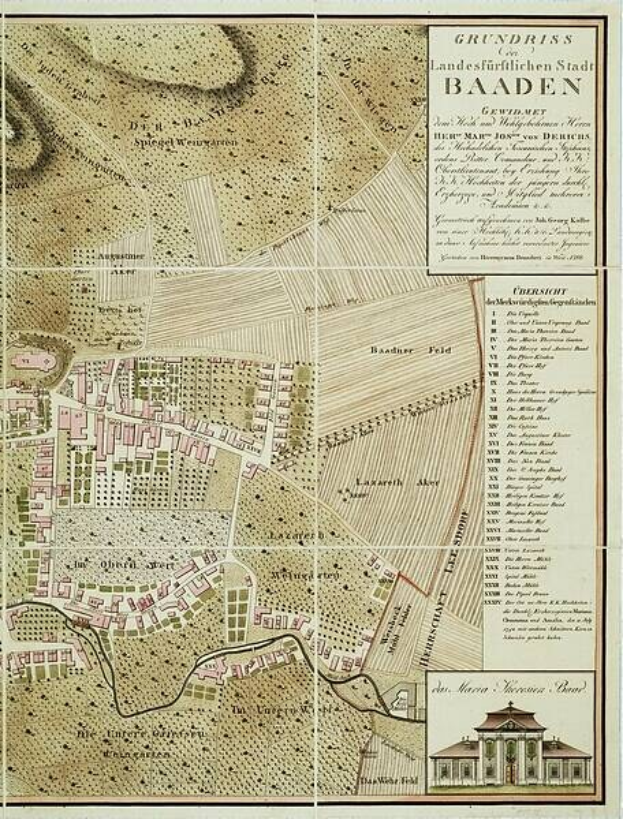 Alte detaillierte Karte von Baden-Württemberg, Deutschland, mit Straßen, Gebäuden und Sehenswürdigkeiten, die ein Gebäude in der rechten unteren Ecke zeigt.