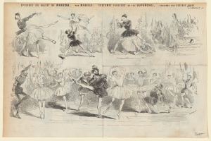 Eine Buchseite mit einer Zeichnung einer lebendigen Gruppe von Menschen, die im Einklang tanzen, mit begleitendem Text, der das Datum, die Uhrzeit und den Ort des Ereignisses angibt.