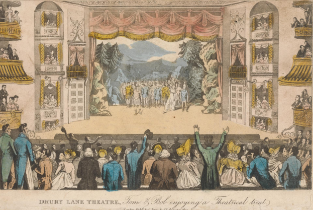 Eine Zeichnung einer Menge im Drury Lane Theatre in London mit einem Bühnenbild mit Vorhängen, Bäumen, Hügeln und einem Himmel im Hintergrund und Text unten, der "James & Bob Enjoying a Theatre Head" lautet.