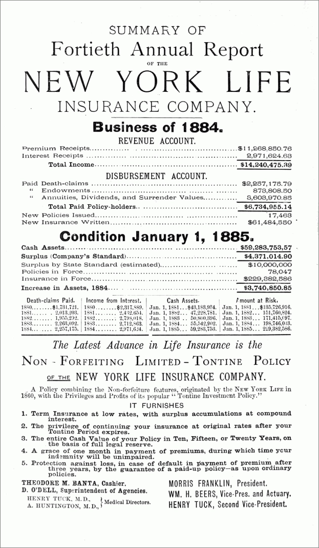 Schwarz-weißes Papier mit der Aufschrift "New York Life Insurance Company, Business of 1884", das den Jahresbericht der Gesellschaft von 1884 zusammenfasst.
