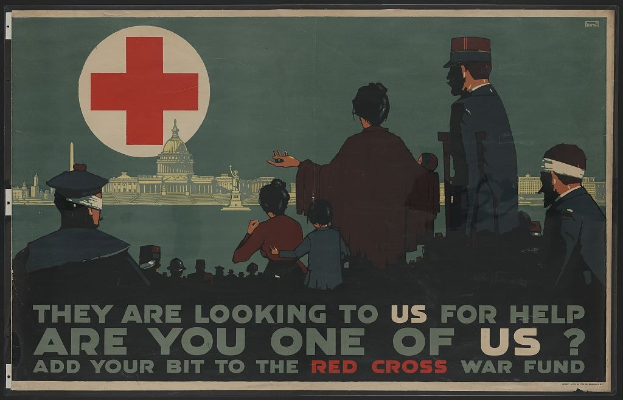 Plakat mit Menschen vor einem Gebäude mit einem roten Kreuz, auf dem um Unterstützung für den Roten Kreuz-Kriegsfonds gebeten wird mit dem Text "Sie suchen unsere Hilfe, bist du einer von uns? Tragen Sie Ihren Teil zum Roten Kreuz-Kriegsfonds bei."