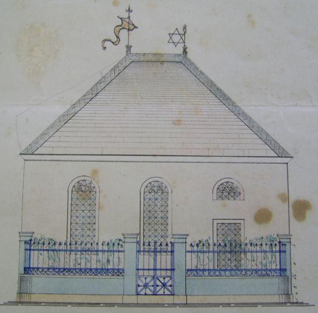 Eine Zeichnung eines Gebäudes mit einem Zaun und einem Stern oben, das mutmaßlich eine Synagoge in Jerusalem ist, mit Fenstern, einem Geländer und Text unten.