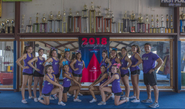 Gruppe von Cheerleadern in lila T-Shirts und schwarzen Shorts, die vor einem Vitrinenschrank mit einer '2018 Summit Cheerleading Champions'-Tafel im Hintergrund posen.