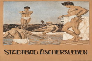 Plakat wirbt für ein Schwimmbad in Aschersleben, Deutschland, zeigt Menschen im und um das Wasser mit Text zu den Details des Pools.