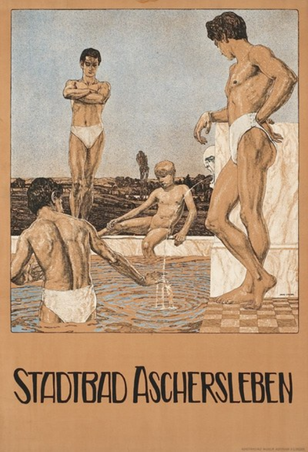 Plakat wirbt für ein Schwimmbad in Aschersleben, Deutschland, zeigt Menschen im und um das Wasser mit Text zu den Details des Pools.