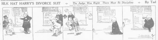 Ein Cartoon von einem Mann in einem schwarzen Anzug und einer Frau in einem Kleid mit einem schwarzen Schultertuch, beide mit ernsten Gesichtern, die etwas Wichtiges besprechen, mit dem Text "Scheidungsklage" auf dem Bild.