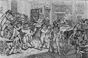 Ein Schwarz-Weiß-Zeichnung einer Gruppe verzweifelter Menschen in einem Raum, einige halten Gegenstände, ein Plakat an der Wand und der Text "Der Tod des verlorenen Sohnes" unten.