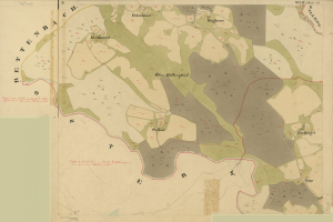 Eine alte Karte von Stuttgart, Deutschland, die Stadtgrenzen, Straßen, Gebäude, Sehenswürdigkeiten und Textdetails zeigt.