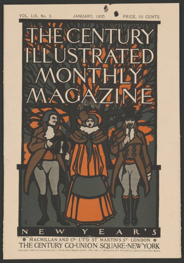 Plakat mit schwarzem Hintergrund, betitelt 'The Century Illustrated Monthly Magazine, January 1900' in fetter Schrift, zeigt Menschen in historischer Kleidung und einen dekorativen Rahmen.