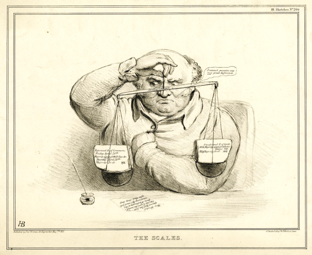 Ein Mann in Anzug sitzt an einem Tisch mit einer Waage vor sich und sieht konzentriert auf Papiere, die mit Text und Zahlen beschriftet sind.