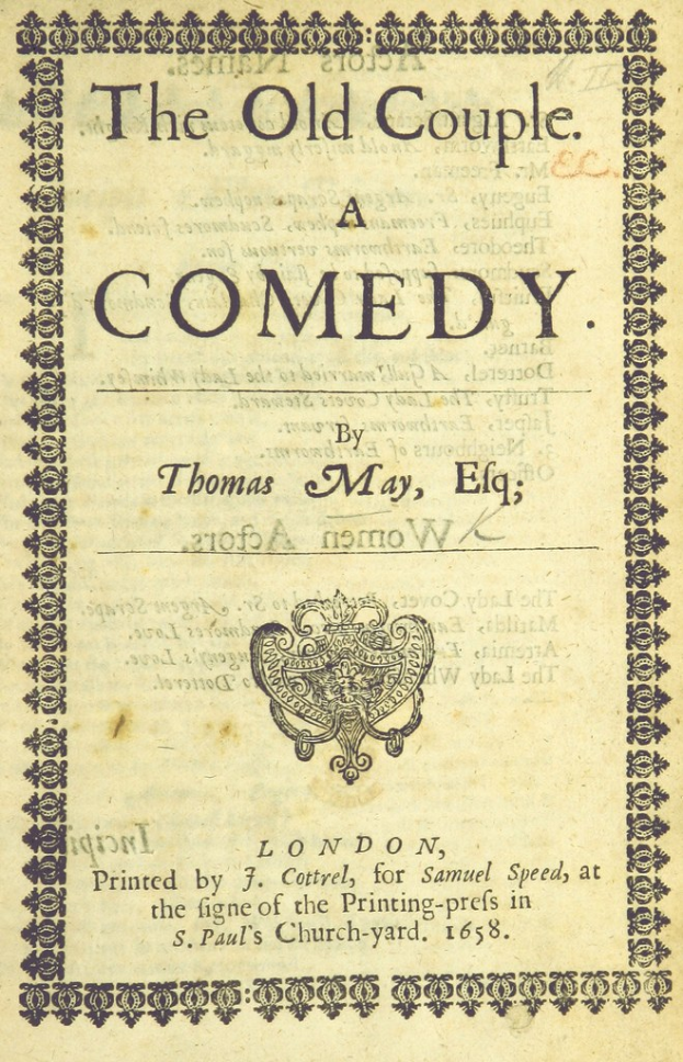 Deckblatt eines alten Buches mit dem Titel "The Old Couple: A Comedy" und einem Logo auf der Titelseite.