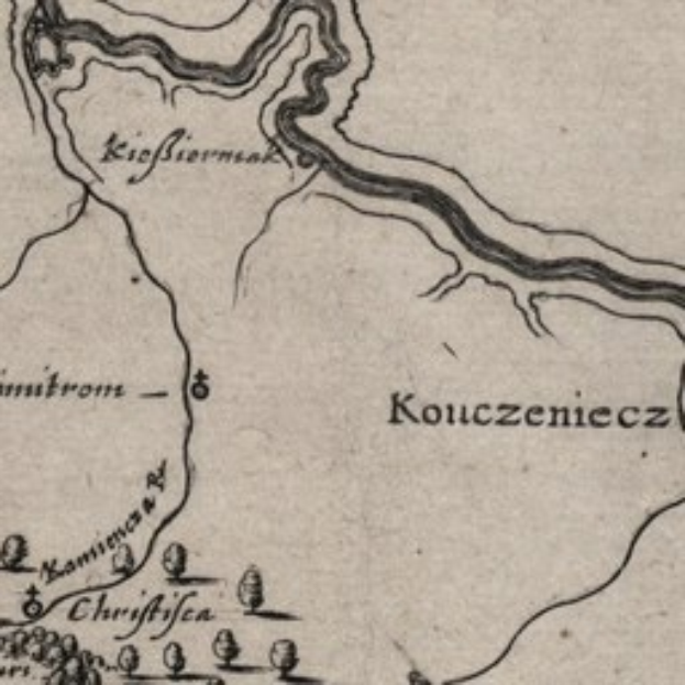 Detailierte alte Karte von Koczeniecz, Polen, mit Straßen, Gebäuden, Sehenswürdigkeiten und Text mit Bevölkerungsangaben, Lage und historische Informationen.
