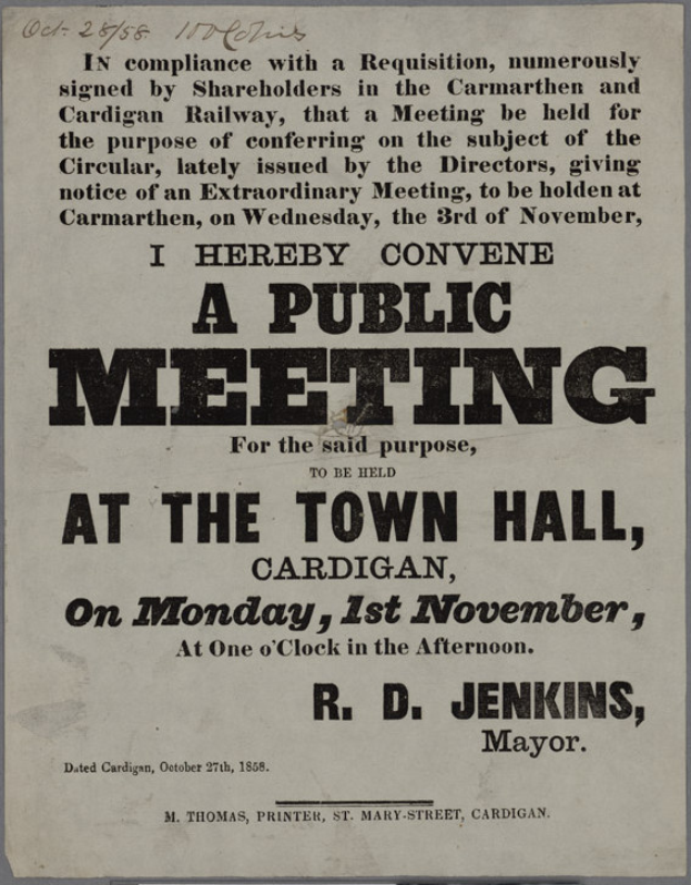 Eine Ankündigung für eine öffentliche Versammlung im Rathaus von Cardigan am Montag, den 1. November 1858, mit Text, der das Ereignis beschreibt.