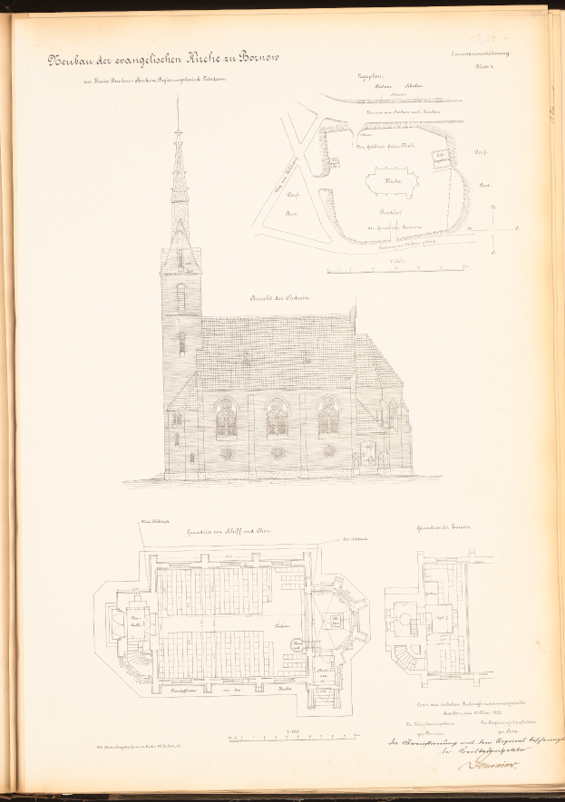 Ein aufgeschlagenes Buch mit einer detaillierten Zeichnung einer Kirche sowie Plänen und Text.