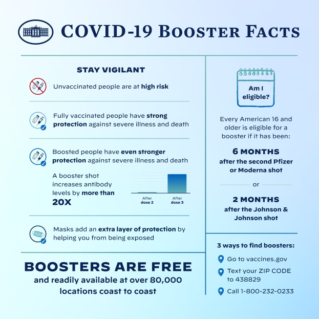 Plakat mit dem Titel "Covid-19-Booster-Fakten" mit Text und Bildern, darunter ein Grafik einer Person mit Mund-Nasen-Schutz, die Virusstatistiken, Risiken und Präventionsmaßnahmen erläutert.
