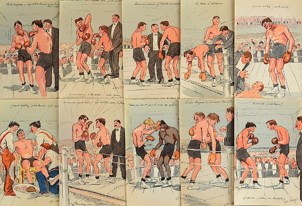 Ein Buchumschlag mit einer Illustration mehrerer Boxer in einem Ring, die kämpfen, umgeben von einer jubelnden Menge, mit Text, der wahrscheinlich die Szene beschreibt.