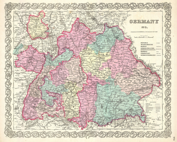 Alte Deutschlandkarte mit den Provinzen Bayern, Baden-Württemberg und Baden auf Papier gedruckt mit Text zu den Regionen.