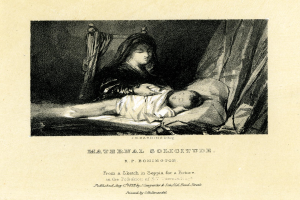 Eine Frau in einem weißen Kleid sitzt auf einem Bett und hält ein Baby im Arm, das sie mit einem zufriedenen Ausdruck ansieht; der Text "Maternal Solitude von R.P. Bonington" erscheint unten.