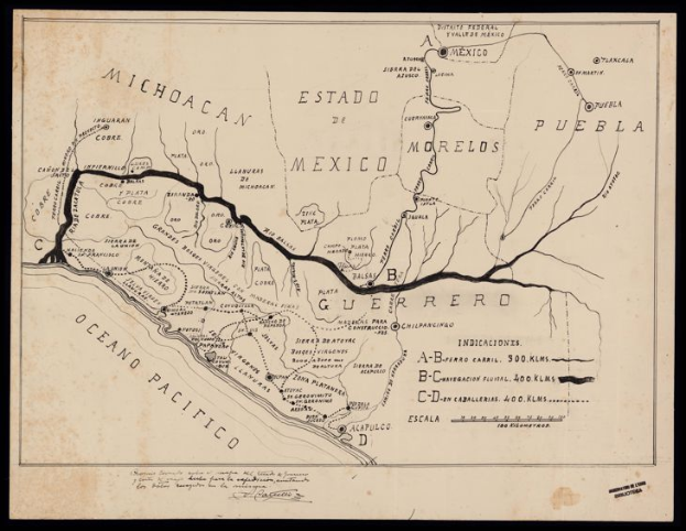 Ein altes Mexico-Karte mit schwarzem Rand, das den Weg der Mexikanischen Revolution zeigt, gefüllt mit detaillierten Text.