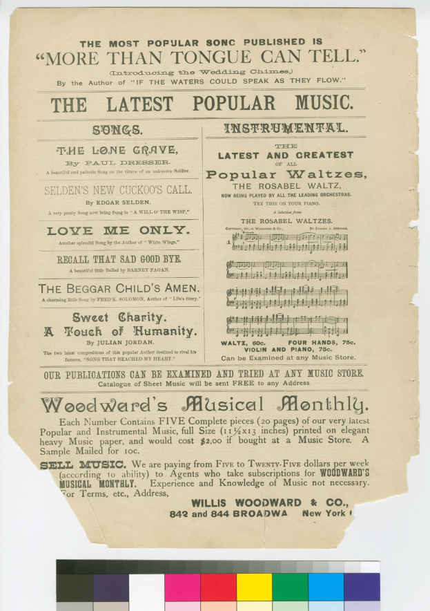 Ein Blatt Papier mit dem Text "Der beliebteste veröffentlichte Song ist mehr als die Zunge sagen kann" und Farbmustern unten.