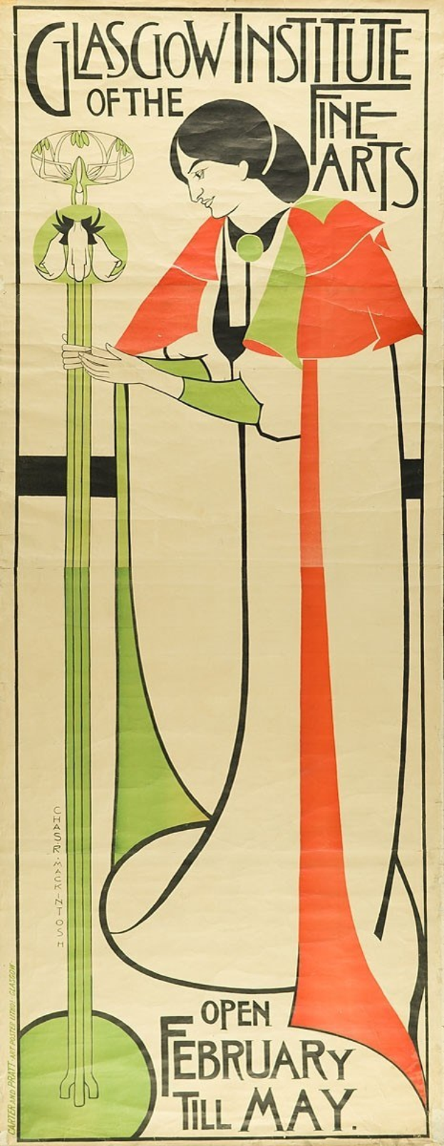 Plakat für das Glasgow Institute of Fine Arts mit einer Frau in einem roten Kleid und Text, der das Ereignis ankündigt.