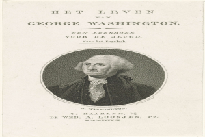 Porträt von George Washington auf Papier mit Text, der nach vorne schaut, mit ernstem Gesichtsausdruck, Anzug und Krawatte, zurückgekämmtes Haar, markante Nase und Kinn.