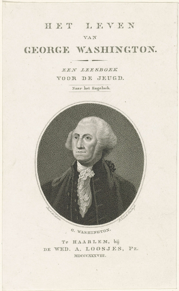 Porträt von George Washington auf Papier mit Text, der nach vorne schaut, mit ernstem Gesichtsausdruck, Anzug und Krawatte, zurückgekämmtes Haar, markante Nase und Kinn.