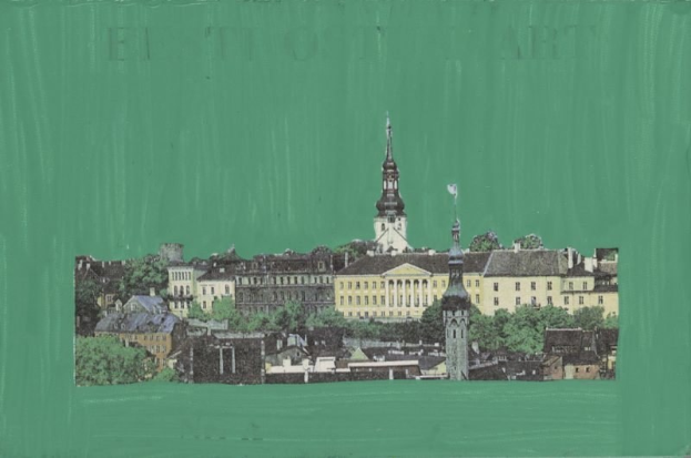 Malerei einer stilisierten Stadtlandschaft mit grünem Hintergrund, die Gebäude und Bäume darstellt.