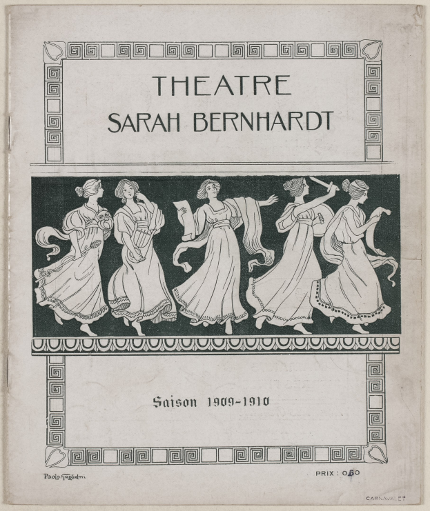 Plakat für das Theater Sarah Bernhardt von 1909–1910, das eine Gruppe von Frauen in der Mitte zeigt, mit Text, der das Theater und die Schauspieler beschreibt.