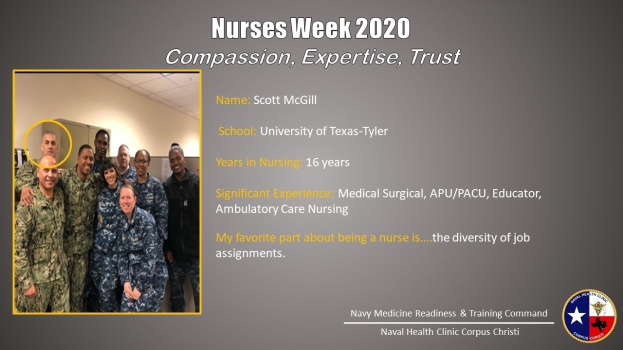 Gruppe von Menschen, die auf der linken Seite lächeln, mit Text "Nurses Week 2020: Mitgefühl, Expertise, Vertrauen" und einem Logo auf der rechten Seite.