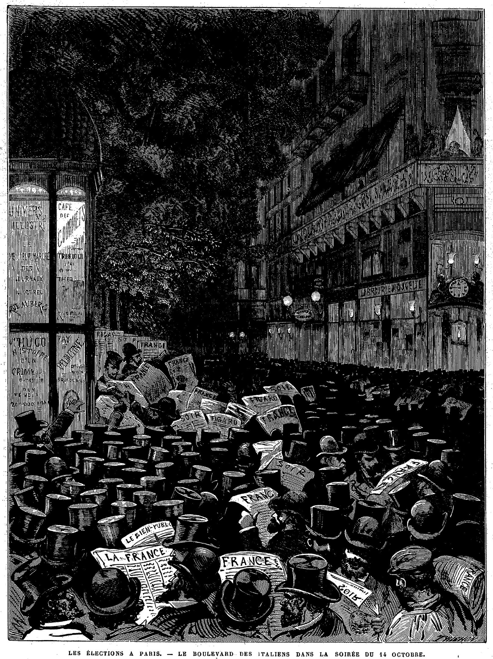 Schwarz-weiß-Illustration einer belebten Pariser Straße am Abend des 16. Oktober 1885 mit einem Gebäude auf der rechten Seite und einem Baum im Hintergrund, mit Text unten.