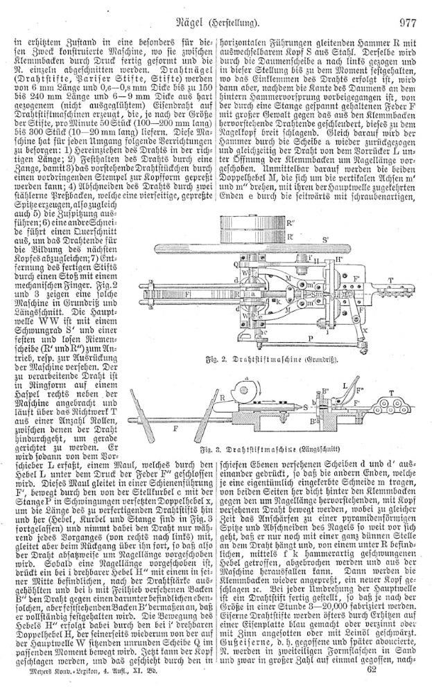 Eine Buchseite mit einer deutschen Patentillustration (977,977) mit mehreren Ansichten einer Maschine und umgebenem Text.