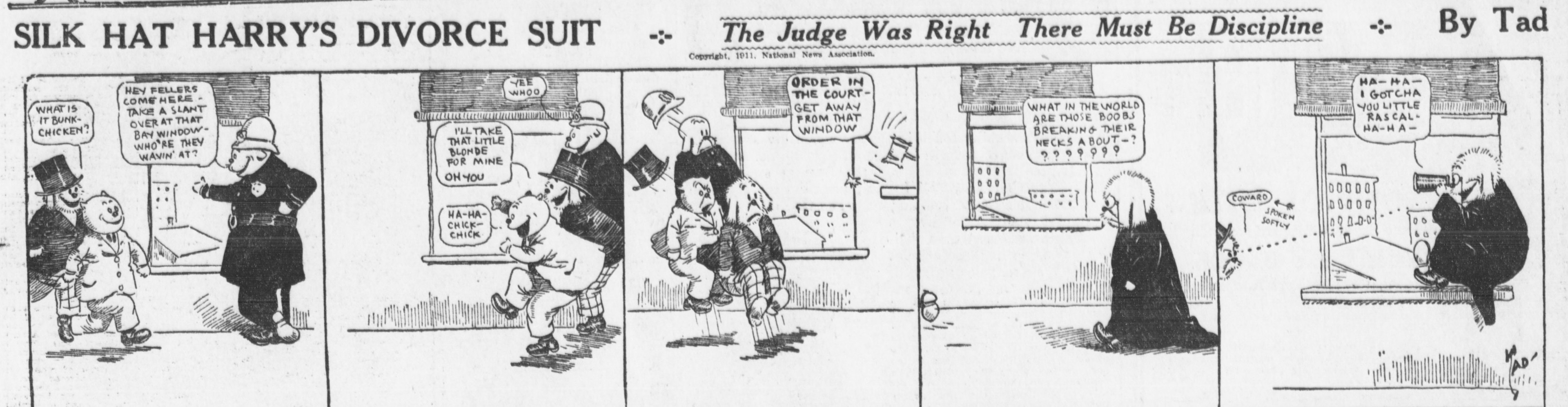 Cartoon-Illustration eines Mannes in einem schwarzen Anzug mit weißem Hemd und schwarzer Krawatte und einer Frau in einem eleganten Kleid mit einem schwarzen Schal, beide mit ernsten Gesichtern, beschriftet mit "Scheidungskost"