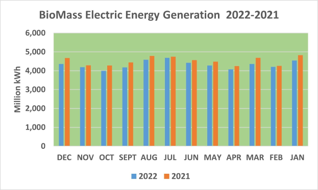 Grafik, die die Trends der elektrischen Energieerzeugung aus Biomasse von 2021 bis 2022 zeigt, mit begleitendem erklärendem Text.