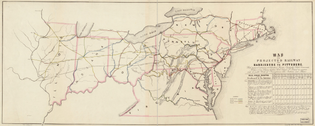 Karte der Vereinigten Staaten mit vorgeschlagenen Eisenbahnrouten von Harrisburg nach Pittsburgh, auf Papier gedruckt mit Routenangaben.
