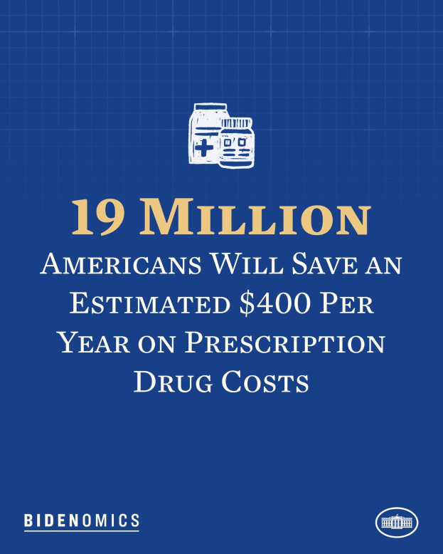 Blauer Hintergrund mit weißer Schrift und einem Logo, das "19 Millionen Amerikaner werden geschätzte 400 USD pro Jahr an Arzneimittelkosten sparen."