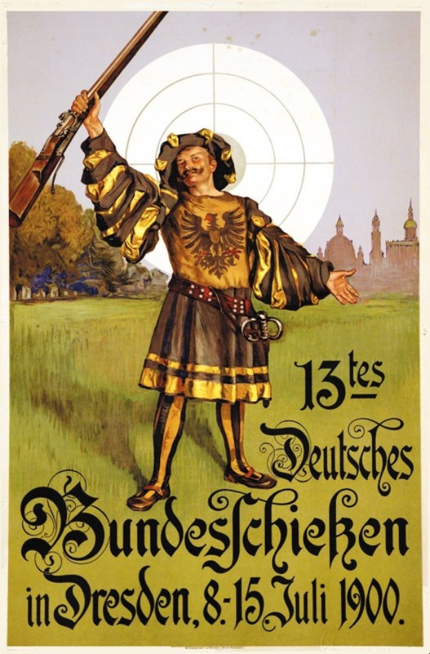 Plakat in Dresden, Deutschland, das eine Person mit einem Gewehr in den Händen zeigt, vor Bäumen und Gebäuden, das ein Event am 13. Juli ankündigt.