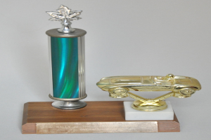 Ein glänzender, detaillierter Pokalwagen auf einer hellen Holzplatte.