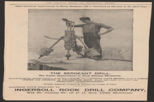 Eine alte Werbung für die Ingersoll Rock Drill Company, die einen Mann mit einer Bohrmaschine zeigt.
