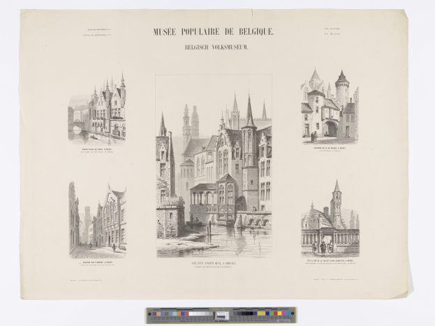 Schwarz-weiß-Zeichnung einer Stadtansicht mit verschiedenen Gebäuden, darunter ein Museum, mit begleitendem Text auf dem Papier.