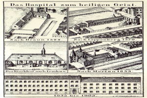 Eine detaillierte Plakatillustration eines deutschen Krankenhauskomplexes mit beschrifteten Gebäuden, Fenstern, Türen und Balkonen, begleitet von informativem Text über seine Größe, Lage und Merkmale.