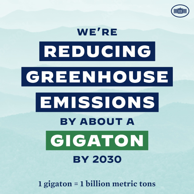 Ein Plakat mit Text und einem Logo, das "Wir reduzieren die Treibhausemissionen um etwa eine Gigatonne bis 2030" lautet und für die Reduzierung der Treibhausemissionen bis 2030 wirbt.