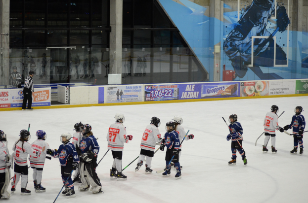Group of young people playing ice hockey on an indoor rink, wearing helmets and holding sticks, with a person on the left side and banners, pillars, and glass walls in the background.