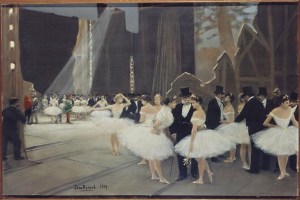 Ein Bild mit dem Titel "Tanz an der Oper" von Jean Beraud aus dem Jahr 1889, das eine Gruppe von Tänzern in weißen Tutus und Hüten auf einer Bühne zeigt, die von Lampen beleuchtet wird und von einem Foto Rahmen umgeben ist.