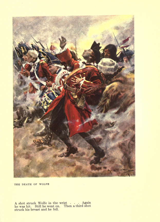 Ein Plakat mit der Aufschrift 'Der Tod von Wolfe', das eine Gruppe besorgter Menschen in gedämpften Farben zeigt, einige schauen voller Furcht nach oben, andere voller Verzweiflung nach unten.