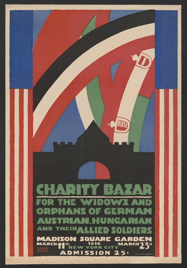 Charity-Bazar-Plakat für Witwen und Waisen deutscher, australischer, ungarischer und alliierter Soldaten mit Veranstaltungsdetails im Text.