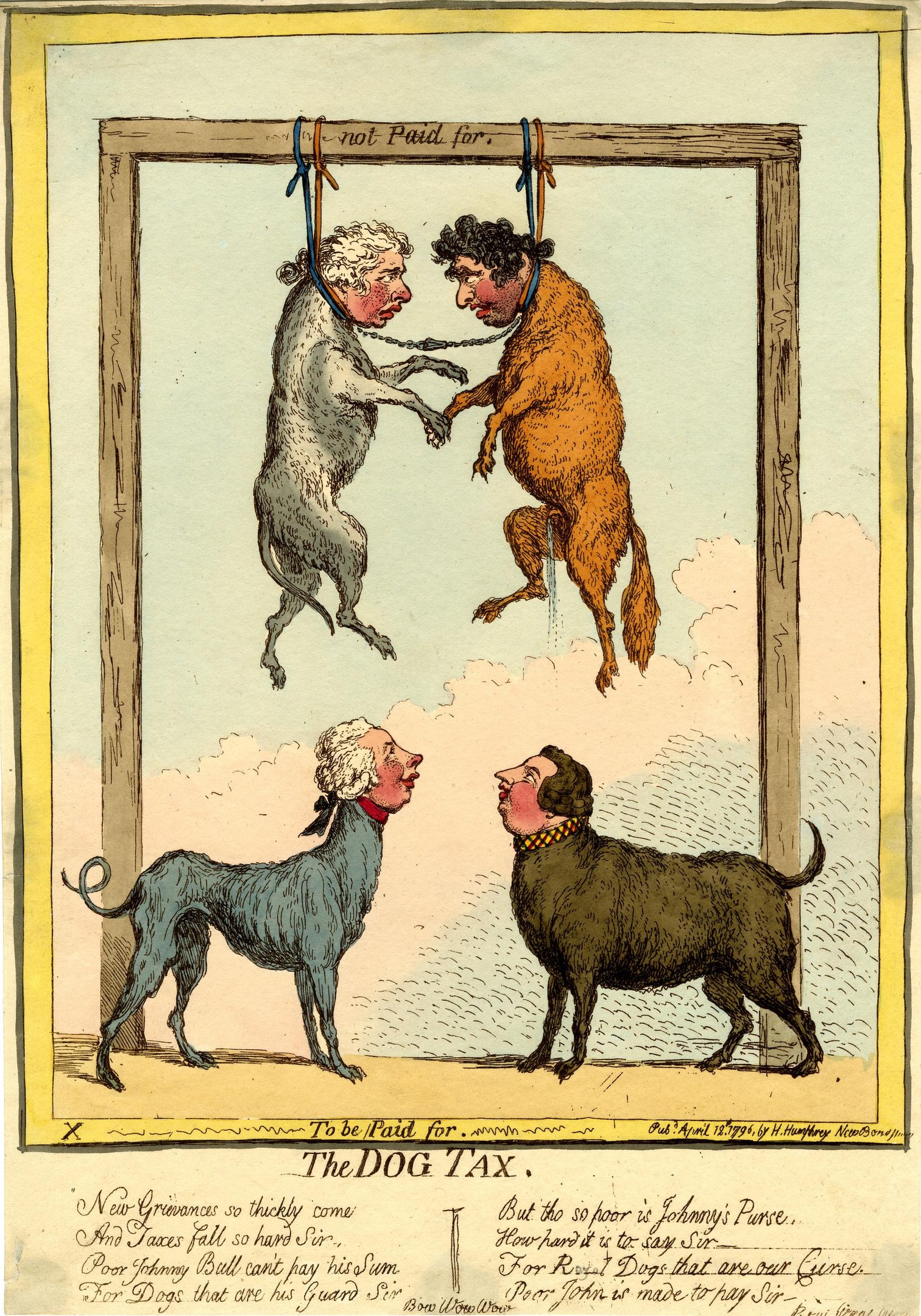 Cartoon-Illustration eines Mannes in Hut und Mantel, der an einem Seil hängt, mit zwei Hunden, einem auf jeder Seite, vor einer Tür, mit dem Text "Die Hundesteuer" unten.